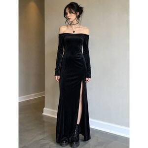 Pear Culture Black Velvet Off Shoulder Maxi Dress XS Side Slit Whimsigoth Witchy